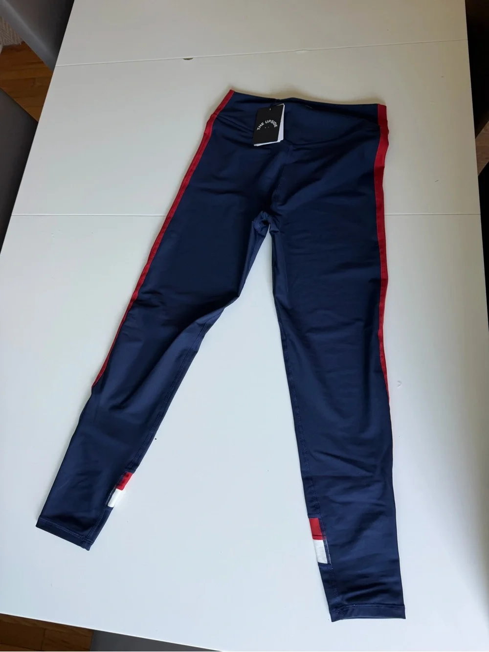 The Upside Navy Leggings with Red and White Side Stripes